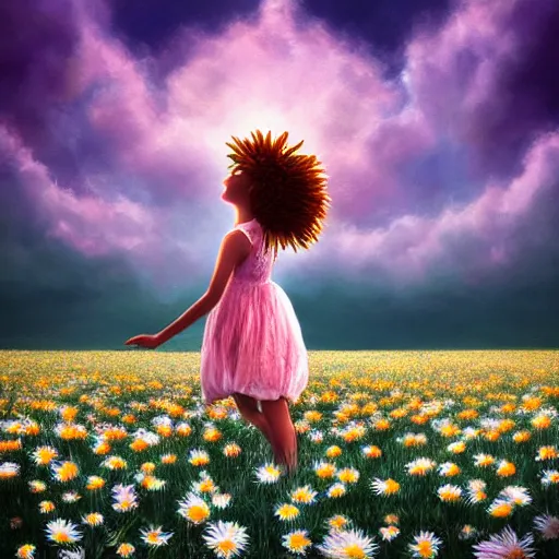 Image similar to head made of giant daisies, girl dancing barefoot in a vast flower field, arms behind back, surreal photography, sunrise dramatic light, impressionist painting, colorful clouds, large sky, digital painting, artstation, simon stalenhag, flower face