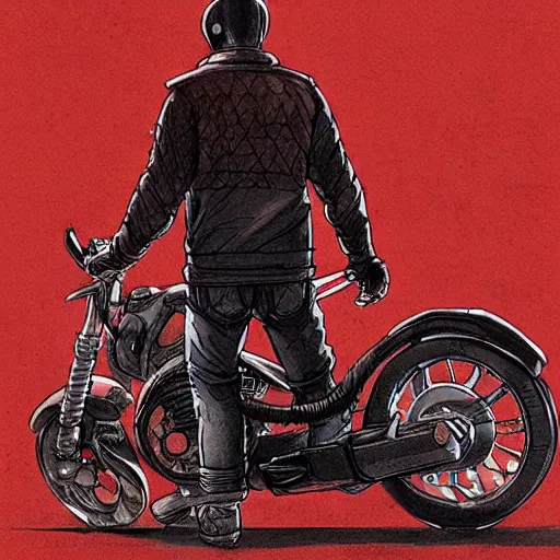 Prompt: man with a red jacket on a old highway walking toward a red futuristic racing motorbike, isometric view from behind, ink drawing, wide angle, ultra realistic, intricate details, ultra detailed, sharp focus, trending on artstation, art by artgerm and greg rutkowski