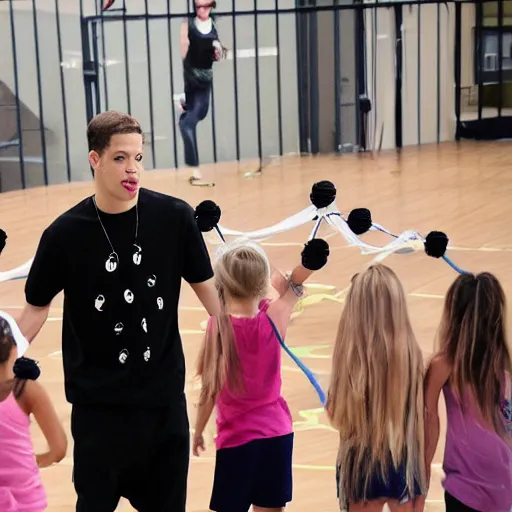 Prompt: pete davidson playing jump rope with a bunch of small girls, cheering him on, pete davidson is wearing all black