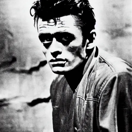 Prompt: james dean as frankenstein's monster. frankenstein's monster as james dean. handsome frankenstein, beatnik frankenstein, rebel frankenstein