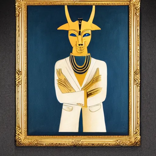 Prompt: painting of the god Anubis wearing an office suit with a gold necklace, looking at the camera, black background, studio light