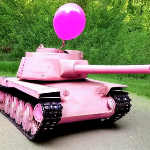 Image similar to panzer tank painted pink, with party balloons attached