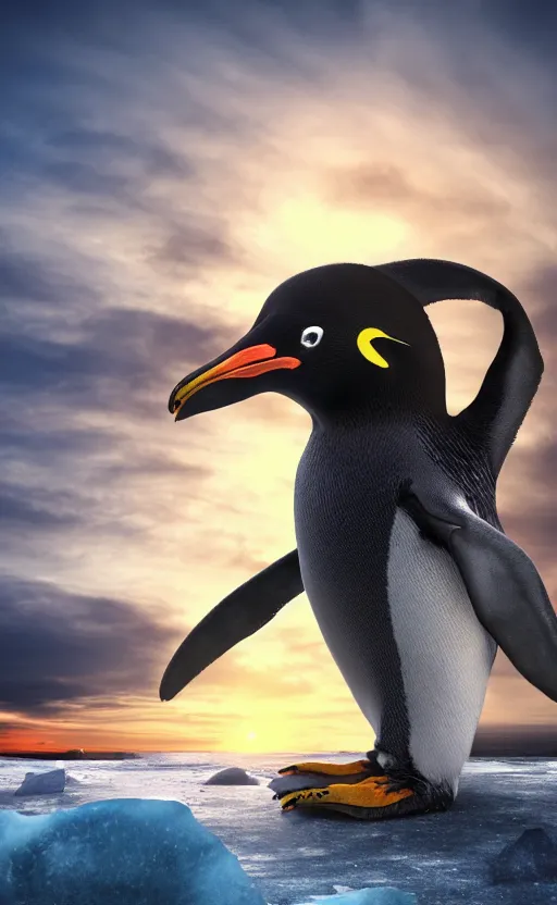 Prompt: lovecraftian penguin monster, humanoid penguin warrior, sinister, giant powerful penguin, muscles, HD render 4k, beautiful sunrise, icy background