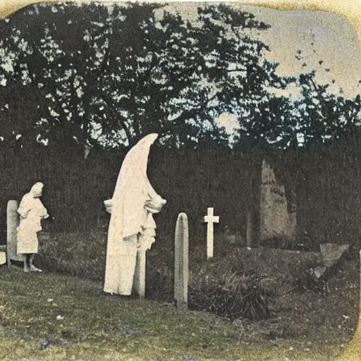 Prompt: autochrome picture of an cult sacrifice in a cemetery in 1902