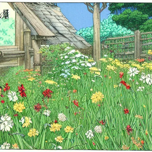 Image similar to a small garden blooming with wildflowers and herbs, close up shot, illustrated by hayao miyazaki, detailed, dewdrops glistening on the leaves