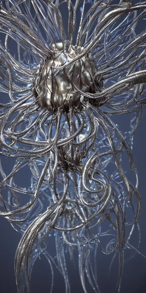 Image similar to a photorealistic render of a metallic neotribal jellyfish sculpture, with thorns, made of liquid metal, c 4 d, by zhelong xu and ernst haeckel, wide angle, hyper realistic, plain background, 8 k, volumetric lightning, octane render