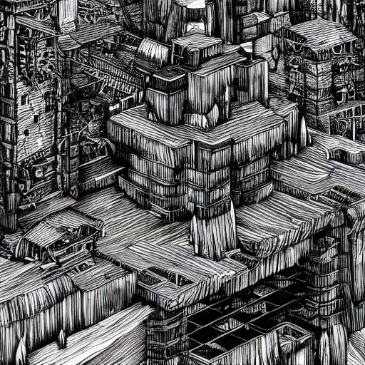 Prompt: Cyberpunk futuristic mountain village by Kentaro Miura, highly detailed, black and white