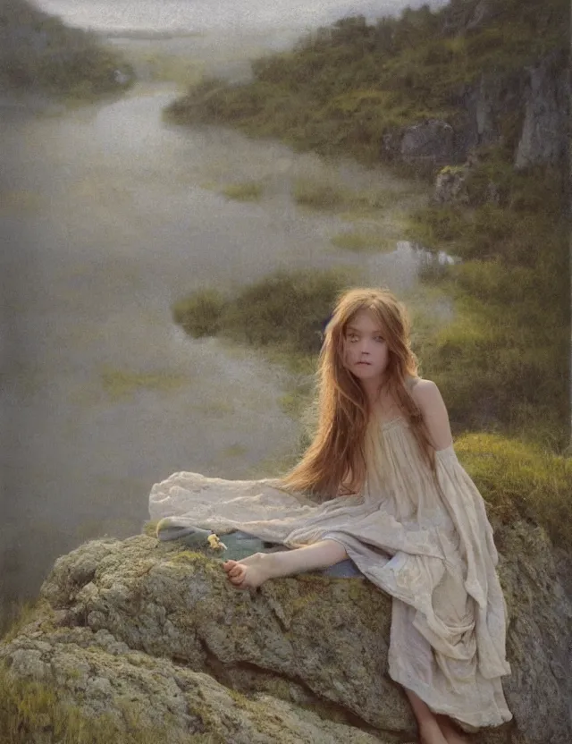 Image similar to peasant barefoot girl with long blowing hair standing on the edge of rock, cottage core, cinematic focus, polaroid photo bleached vintage pastel colors high - key lighting, soft lights, foggy, by steve hanks, by lisa yuskavage, by serov valentin, by tarkovsky, 8 k render, detailed, oil on canvas