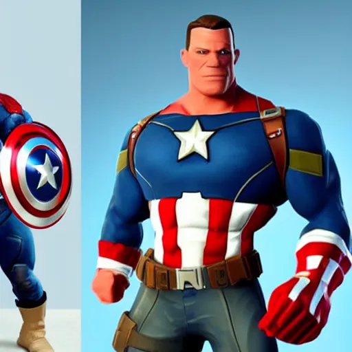 Image similar to John Cena wearing captain America's uniform, as a Fortnite character, cinematic, detailed