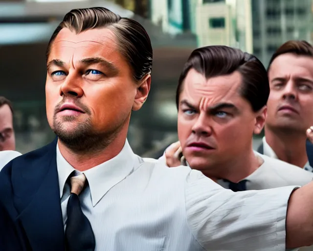 Image similar to leonardo dicaprio as the wolf of wall street, cinamtic, long shot, hyper detailed, realistic face, 8 5 mm photograph, 8 k resolution, film still, sharp lens, wide lens