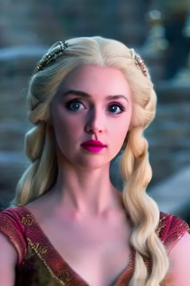 Image similar to very very intricate photorealistic photo of a realistic human version of princess peach in an episode of game of thrones, photo is in focus with detailed atmospheric lighting, award - winning details