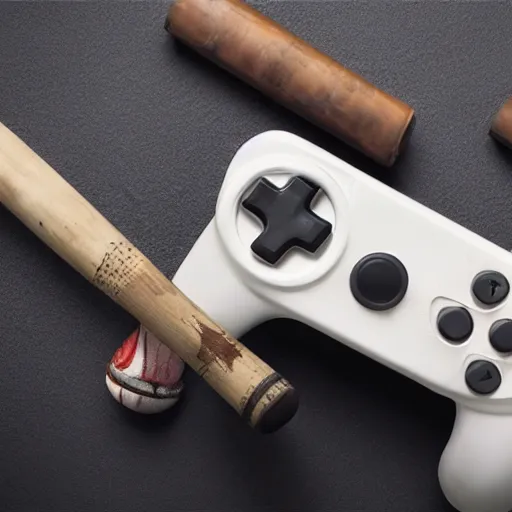 Prompt: picture of a destroyed game controller next to a broken tv and a baseball bat, 4k, insanely detailed