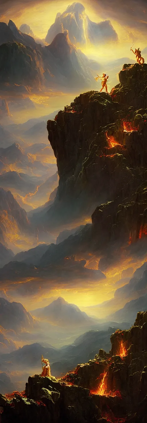 Prompt: Prometheus stealing fire from the Gods on Mount Olympus. In the style of a surreal and awe-inspiring Thomas Cole and Bruce Pennington digital art mural painting. unreal engine, 4k, matte, exquisite detail
