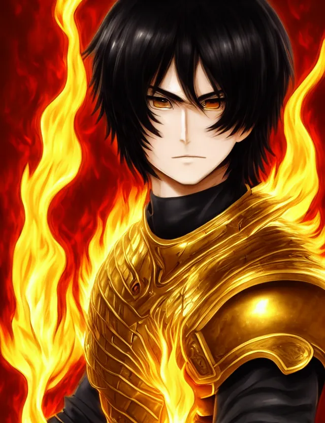 Image similar to a detailed manga portrait of a black haired man with hazel eyes in gleaming golden armour that burns with golden fire, trending on artstation, digital art, 4 k resolution, detailed, high quality, sharp focus, hq artwork, coherent, insane detail, character portrait