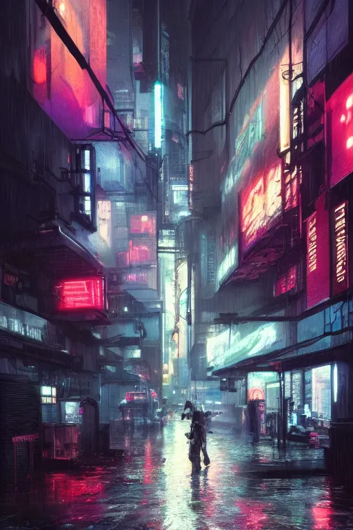 Image similar to a brutalist cyberpunk city street at night, raily season, very wet, neon lights and adds, architecture, a realistic digital painting by greg rutkowski and james gurney, trending on artstation, very highly detailed, 8 k