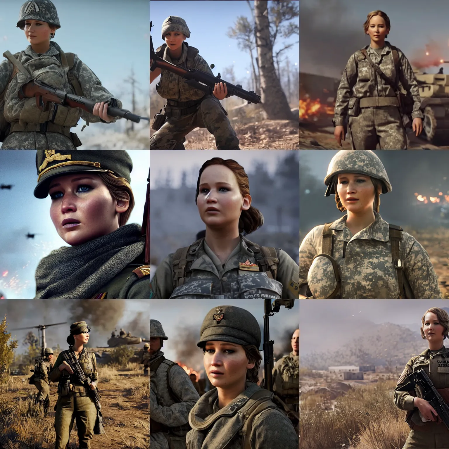 Prompt: Jennifer Lawrence as an Army officer, screenshot from the game 'Battlefield V'