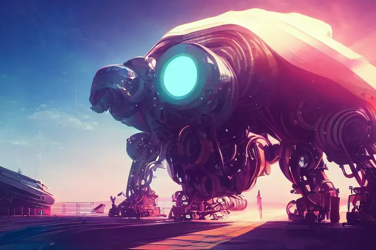 Image similar to huge mechanical creature robot radiating a glowing aura, global illumination, ray tracing, hdr, fanart, artstation, by ian pesty and alena aenami, artworks, 4 k