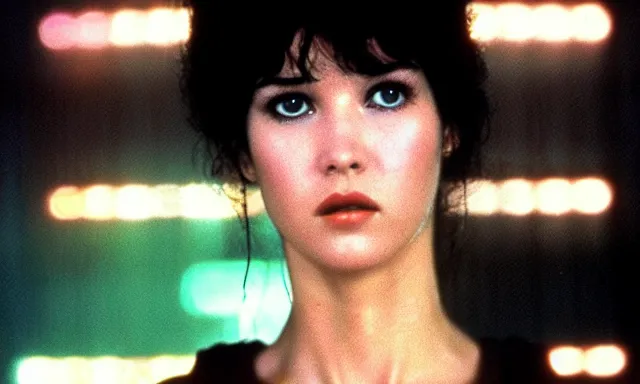 Image similar to full - color cinematic movie still from the 1 9 8 2 film blade runner starring actress phoebe cates. science - fiction ; action ; neon ; gritty ; dystopian ; detective mystery. detailed facial - features.