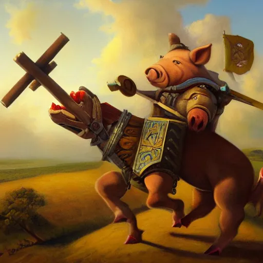Prompt: trebuchet launching a pig, oil painting by justin gerard, deviantart
