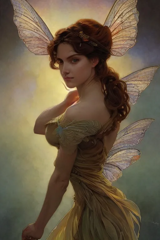 Image similar to portrait of a beautiful fairy with wings, headshot, symmetrical, elegant, regal, intricate, twilight background, highly detailed, digital painting, artstation, sharp focus, watercolor, muted color, complementary colors, art by artgerm, greg rutkowski and alphonse mucha