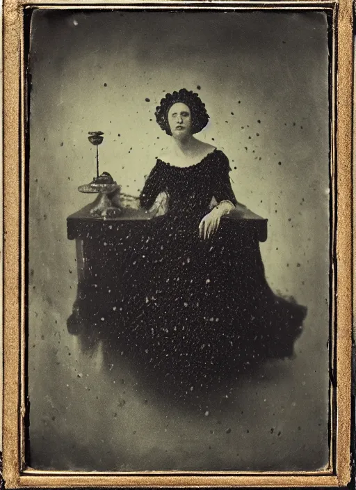 Image similar to old wetplate daguerreotype portrait of an ages women, explosion of data fragments, fractal, intricate, elegant, highly detailed, parallax, leica, medium format, subsurface scattering, by jheronimus bosch and greg rutkowski and louis jacques mande daguerre