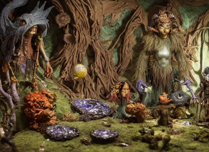 Prompt: detailed studio photography of a fantasy claymation diorama of the dark crystal, zeiss lens, detailed, by erwin olaf, joop geesink, wes anderson, jim henson, brian froud, breathtaking, 8 k resolution, beautiful lighting, studio light, extremely detailed, beautiful, establishing shot, realistic materials, weta digital fx manuka, unreal engine, hyperrealistic