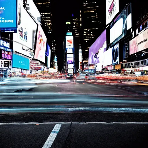 Image similar to a vivid photo of a unicorn galloping through times square in the 8 0 s, there are cars, long exposure