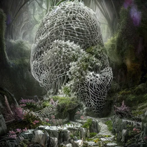 Image similar to biocomputer heart organ intertwined with white biocomputer flowers in a biomechanical cave forest, intricate environment, matte painting, diffused lighting, highly detailed cinematic, atmosphere, diffused lighting, highly detailed digital art, trending on artstation, depth of field, wide angle