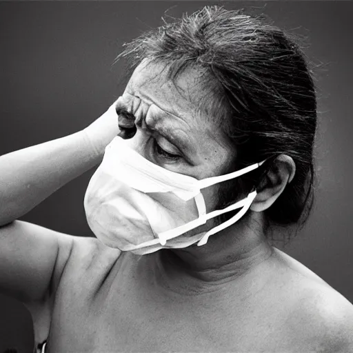 Prompt: photorealism of COVID-19 is a respiratory illness that causes fever, coughing, and shortness of breath. It is caused by the SARS-CoV-2 virus (severe acute respiratory syndrome coronavirus by Graciela Iturbide depressing, frustrated detailed, high definition chaotic, micro details wide angle lens dark lighting