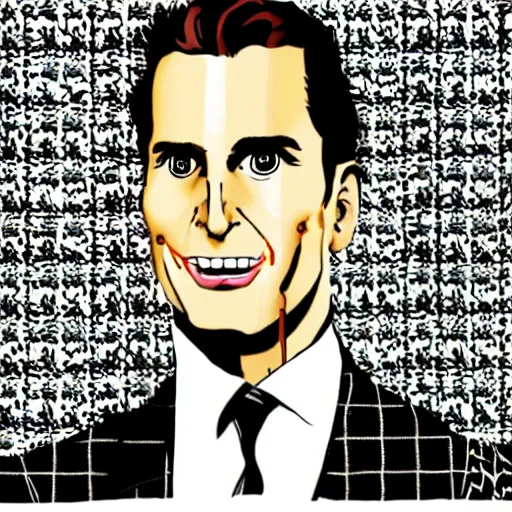 Prompt: Patrick Bateman in a suit with a pattern made out of kiwi.com logo, realistic, highly detailed