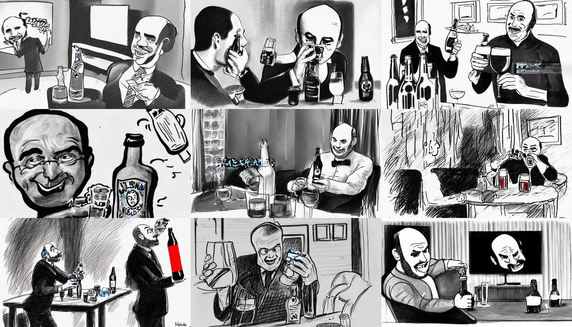 Prompt: a balding man streams to twitch TV whilst consuming a bottle of beer. A Norwegian flag is in the background. In the style of Leslie Gilbert Illingworth, sketch, b&w, cartoon