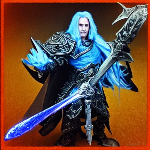 Image similar to “ arthas the lich king with his sword on blue fire ”