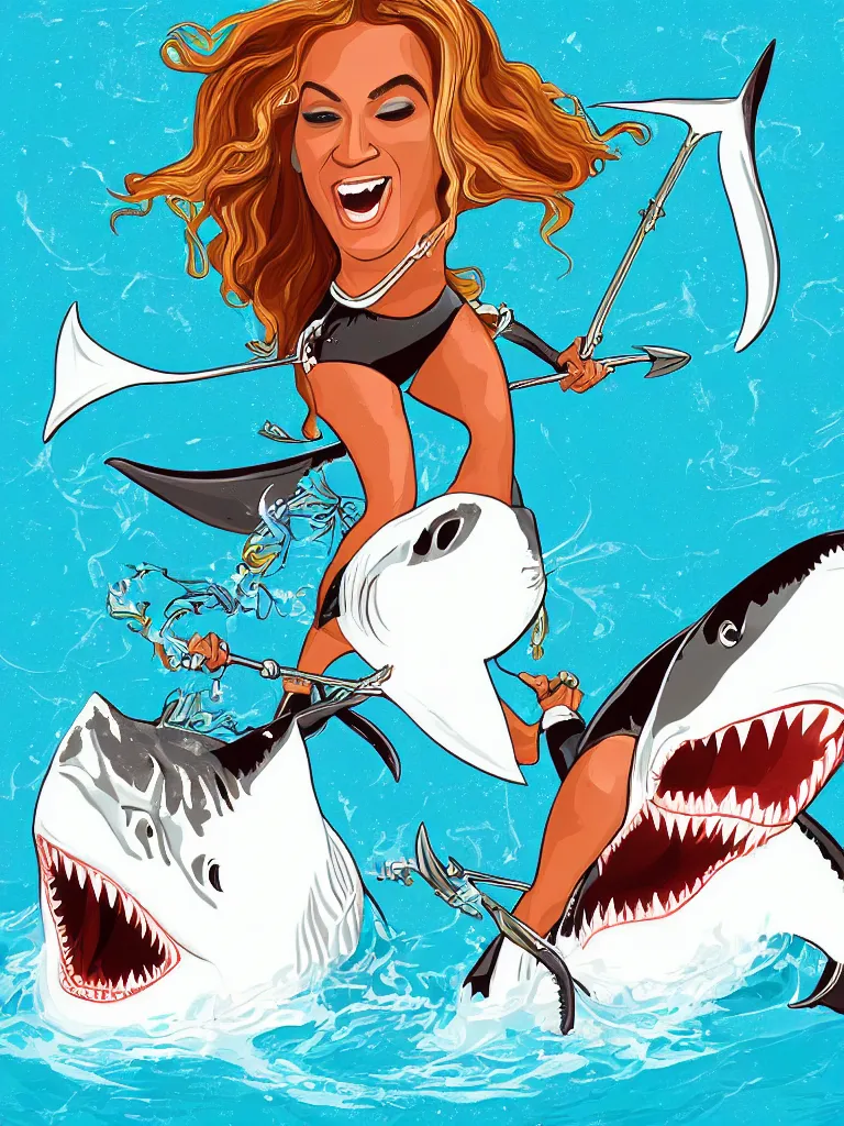 Prompt: digital vector art of Beyonce riding a great white shark with a trident, inspired by Dinsey movies, artstation