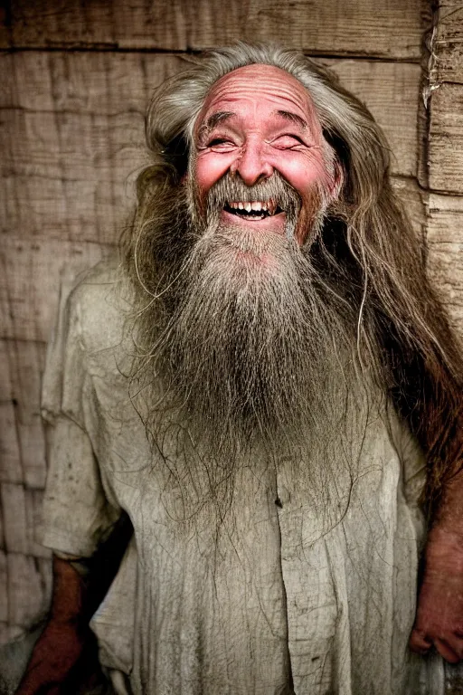 Image similar to a old laughing happy old man with female long hair, long beard, female body, by steve mccurry