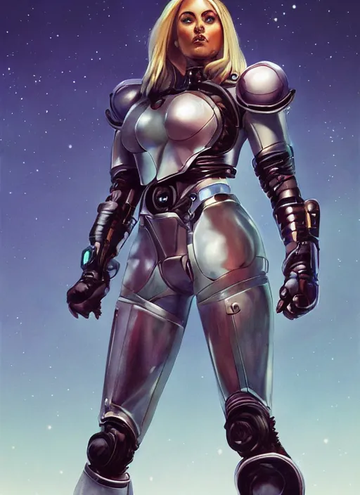 Image similar to hyper realistic space paladin techno crusader girl, metabaron, full body, rule of thirds, human proportion, good anatomy, beautiful face, saturated colors, juan gimenez, redshift, octane