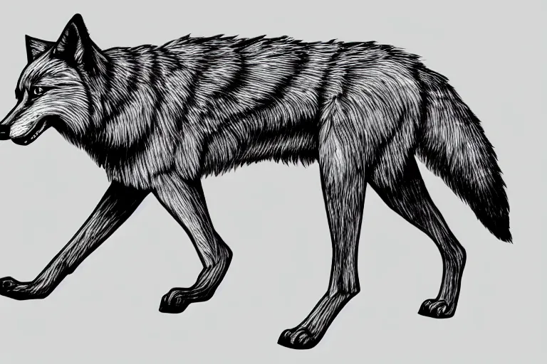 Image similar to digital art of a full-body outline of a running wolf, simple, no color, high quality, HD, 8K,