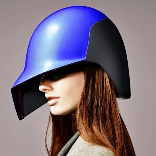 Prompt: Vibrantly colored angular helmet worn by a fashion model