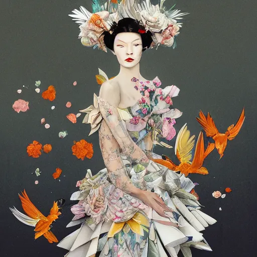 Image similar to 3 / 4 view of a beautiful girl wearing an origami dress, eye - level medium shot, fine floral ornaments in cloth and hair, hummingbirds, elegant, by eiko ishioka, givenchy, henri de toulouse - lautrec, by peter mohrbacher, centered, fresh colors, origami, fashion, detailed illustration, vogue, japanese, reallusion character creator