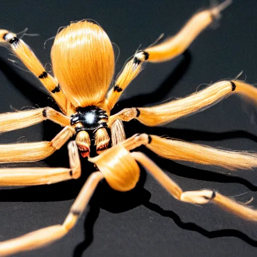 Prompt: a tall spider with long black legs whose body is covered in long blonde hair