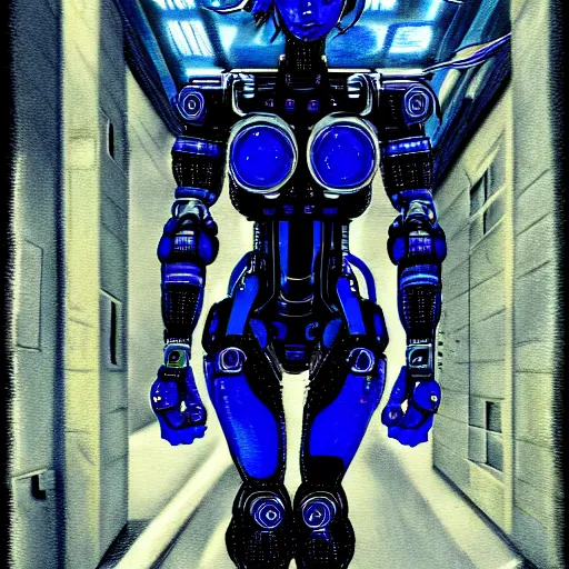 Prompt: cyborg - girl breaking into pieces as it walks down a street, highly detailed, painting, dark blue and black color palette, intricate, high quality anime artstyle,