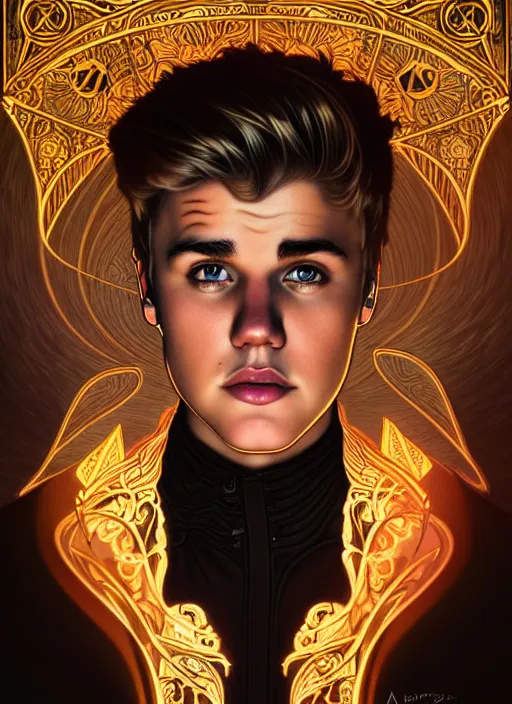 Image similar to portrait of justin bieber glowing eyes, volumetric lights, feast, music notes, art nouveau botanicals, gothic, intricate, highly detailed, digital painting, artstation, concept art, smooth, sharp focus, symmetric face, illustration, steampunk, art by artgerm and greg rutkowski and alphonse mucha