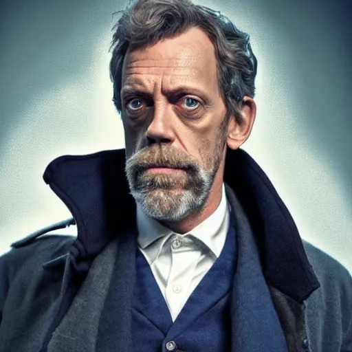 Prompt: hugh laurie as a rough dirty old man with a scruffy beard in a dark blue trenchcoat as the new doctor who, cinematic, volumetric lighting, f 8 aperture, cinematic eastman 5 3 8 4 film, photorealistic by greg rutkowski, by stanley artgerm, by alphonse mucha