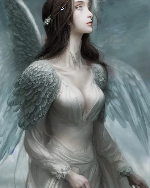 Image similar to an infinitely detailed portrait of a frail and pale female peace angel elegantly. fully - clothed full - body, beautiful! scenery art!! coherent! by wlop & murata, victorian color palette, artstation / pixiv!! highly elegantly armored angel portrait full - body, dreamy art