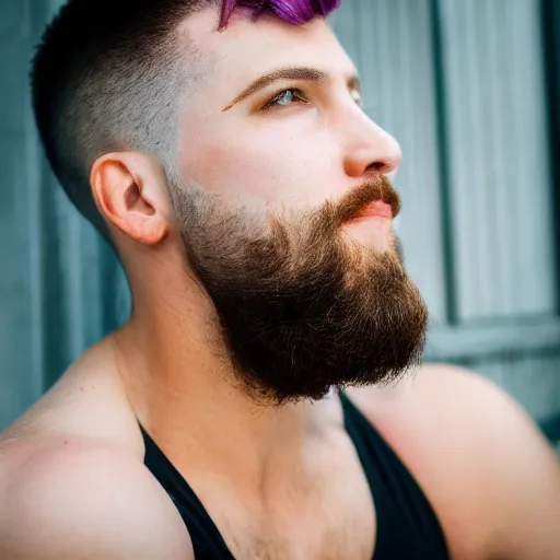 Prompt: a portrait of a sexy queer man with short stylish purple hair, 4k, photorealistic, shallow depth of field