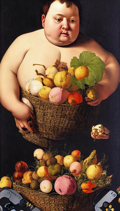 Prompt: hyperrealistic still life painting of a fat young man with a basket of ps4 controllers, by Caravaggio, botanical print