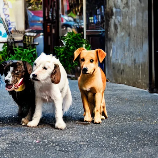 Prompt: Three dogs on the street.