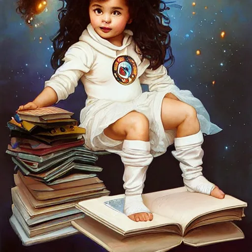 Prompt: a cute little girl with a mischievous face and short brown wavy curly hair sitting on top of a tall pile of books. she is dressed as an astronaut. well composed, clean elegant painting, beautiful detailed face. art by artgerm and greg rutkowski and ( alphonse mucha )