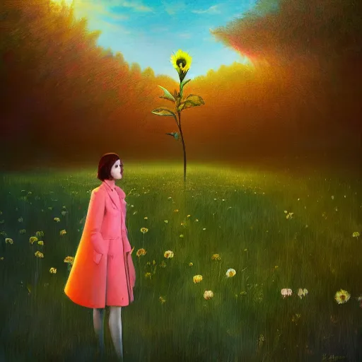 Image similar to giant daisy flower head, frontal, girl in a suit, surreal photography, sunrise, dramatic light, impressionist painting, digital painting, artstation, simon stalenhag