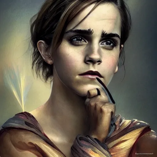 Image similar to Very funny Emma Watson looking like an old monkey, colorful painting on grey scale face, powerful , magic, thunders, dramatic lighting, intricate, wild, highly detailed, digital painting, artstation, concept art, smooth, sharp focus, illustration, art by artgerm and greg rutkowski and alphonse mucha, footage