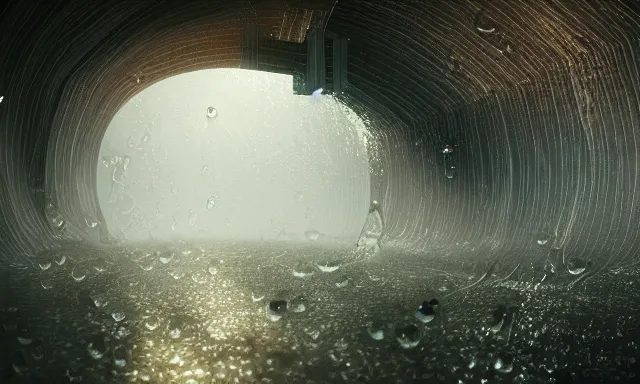 Image similar to beautiful picture of a magical vertical cylindrical tunnel made of big upside-down raindrops joining a dried up river with the sun, highly-detailed, fantastic, dramatic lighting, artstation, 4k